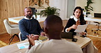 Business people, job interview and meeting for recruitment, hiring and questions. Group, employees and manager with candidate, cv and contract with negotiations for salary, onboarding or consultation