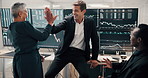 Stock market team, business people and high five for celebration, success or applause. Excited group, cheers or hands together in office for profit growth, investment performance or financial trading