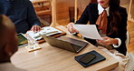 Business, interview and people with document questions for performance review and promotion opportunity. Above, company HR and CV with candidate in meeting for internal recruitment or hiring process