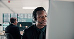 Computer, headset and stock market trading with black man in office for advice, assistance or consulting. Finance, investment and monitoring with broker or trader in workplace for financial support
