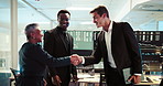 Business people, meeting or handshake with investor for stock market growth or partnership. Brokers, happy colleagues or shaking hands with screen or corporate trader for investment agreement or deal