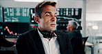 Frustrated, businessman and stress with stock market crash for company bankruptcy or debt at office. Man, broker or tired financial advisor with anxiety, headphones or breathe for investment theft