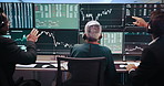 Business people, back and screen with stock market for investment, research or monitoring NFT at agency. Group, brokers or consultants with headphones on computer for financial advice at call center