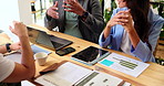 Documents, hands and technology with meeting of business people in office for planning or teamwork. Laptop, paper and tablet with employee group in workplace for decision, discussion or negotiation