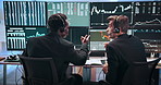Men, graphs and computer screen for trading, analysis and headset with stats, talking and problem solving. People, partner and monitor with charts, stock market and discussion at investment agency