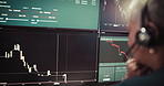 Woman, headphones and screen with graphs for stock market investment or NFT analysis at call center. Female person, broker or trader with candlestick charts for monitoring cryptocurrency at office