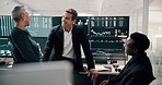Business people, team and trading discussion by computer screen for data, profit growth or stats. Happy manager, finance meeting and investment planning, charts or stock market performance in office