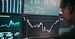 Black man, screen and stock market with graphs for investment, analytics or monitoring NFT at office. Male person, broker or financial trader with candlestick chart, app or display for profit or loss