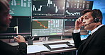 Businessmen, screen and stock market with headphones or stress for financial loss at investment agency. Male people, broker or agents talking with display, graphs or chart for exchange rate decrease