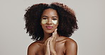 Skincare, eye patch with face of woman in studio for beauty, hydration and self care. Cosmetics, glow and dermatology with African person on white background for shine, spa treatment and facial