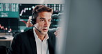 Broker, man or talking with headset at computer for client portfolio management, investment advice or FAQ. Call center, stocks advisor or customer query for market insight, finance news or assistance