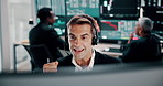 Computer, fist pump and stock market trading with man in office for growth or success as winner. Finance, headset and investment goals with broker or trading in workplace for financial support