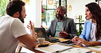 Cafe, meeting and business people with interview, b2b networking or collaboration discussion. Human resources, teamwork and coffee shop communication with technology for remote work project hiring