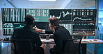 Men, graphs and computer screen for stock market, discussion and headset with stats, analysis or review. People, partner and monitor for charts, trading and revenue with fintech at investment agency