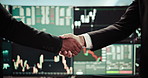 Business people, meeting or handshake with screen for stock market growth or partnership at office. Closeup, brokers or investors shaking hands with graphs or charts for investment agreement or deal