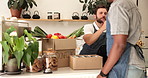 Greeting, thank you and man with produce, donations and inventory for sustainable cafe business. Handshake, box and NGO with food distribution and volunteer project at community coffee shop project
