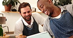 Happy, men and waiter on tablet at cafe for planning, online order and booking of menu update. People, talking and digital app with inventory management, review customer service and sales performance