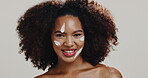 Face, black woman and cream for dermatology, cosmetics and spf lotion on white studio background. Portrait, African model and silly person with skincare, sun protection and treatment for funny joke