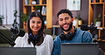 Face, happy or couple in podcast for broadcast, live recording or online streaming in home studio. Portrait, relationship coach or people with talk show for gossip channel, radio or audio message