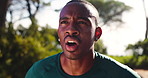 Breathe, exercise and black man in morning in nature for fitness, marathon training and workout outdoors. Sports, mountain and person for rest, recovery and sweat for performance, health and running