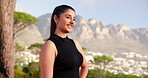 Thinking, fitness and woman on mountain with view for wellness, health and relax in nature. Sports, running and person with motivation and rest after training, marathon exercise or workout in morning