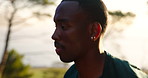 Fitness, mountain and black man on road for exercise, marathon training and workout outdoors. Sports, running and person for wellness, performance and health in morning for endurance challenge
