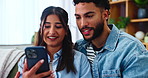 App, browsing and phone with couple on sofa in living room of home together for communication. Conversation, relax or talking with happy man and woman in apartment for online shopping or planning