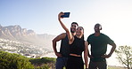 Friends, selfie and hiking in mountains, smile and diversity for achievement, fitness and adventure. Woman, men and excited with photography, profile picture and post on social network in summer