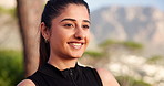 Happy, exercise and woman on mountain with view for wellness, health and relax in nature. Sports, running and person with motivation and rest after marathon training, fitness and workout in morning