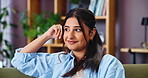 Thinking, woman and relax with smile at house of weekend break, planning and ideas for calm morning. Contemplation, female person and rest for reflection, wellness and self care for comfort in lounge
