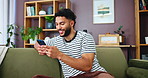 Sofa, man and happy with smartphone for chat, text message and comment for reel on social media. Home, male person and smile with mobile for application, meme website and communication with contact