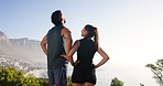 Fitness, mountain and back of couple rest for exercise, marathon training and workout together in nature. Sports, runner and man and woman talking for wellness, performance and health in morning