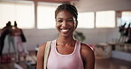 Happy, face or woman in studio for pilates class for exercise, posture training or body with bag. Portrait, workout or proud girl in yoga with gear for fitness support, health or wellness in studio