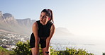 Breathe, fitness and woman in morning in nature for exercise, marathon training and workout outdoors. Sports, mountain and person for rest, recovery and sweat for performance, health and running