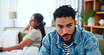 Couple, man and frustrated on sofa after fight, disagreement and toxic relationship in lounge. Home, woman and male partner with anger for argument, cheating affair and silent treatment for divorce