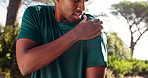 Man, exercise and shoulder pain in street with injury, muscle or check for strain tendon in summer. African person, outdoor and touch for joint inflammation with fitness, workout or bruise in Nigeria