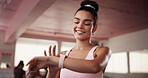 Woman, gym and check data on smart watch, cardio statistics and results of workout on app. Exercise, person and monitor health information on website, progress update and tracking target time at club