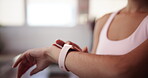Woman, hands and check fitness on smart watch, cardio statistics and results of workout on app. Exercise, person and monitor health information on wrist, progress update and tracking target time