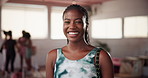 Confident, face or woman with smile in yoga class for exercise, posture training or body. Portrait, happy instructor or proud girl in pilates session for fitness, health or wellness in gym studio 