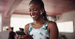 Smartphone, fitness and woman at pilates class typing for communication online with mobile app. Health, studio and female person with phone for social networking or contact on media with exercise.