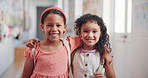 Education, smile and face of friends at school for learning, knowledge and future. Child development program, studying and growth with kids in hallway of Stem academy for students, classroom or youth