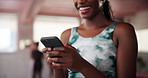 Smartphone, fitness and hands of woman at pilates class typing for communication online with mobile app. Health, studio and person with phone for social networking or contact on media with exercise.