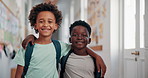 Education, smile and face of students at school for learning, knowledge and future. Child development program, studying and growth with African kids in Stem academy for friends, classroom or youth