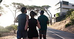 Fitness, road and back of people running for workout, exercise and marathon training together. Sports, runner team and men and women for wellness, health and performance for challenge on mountain