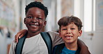 Education, youth and face of students at school for learning, knowledge and future. Child development program, studying and growth with kids in hallway of Stem academy for friends, classroom or smile