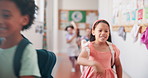 Education, youth and running with kids at school for recess, growth and learning. Friends, knowledge and child development with group of students in hallway of academy for scholarship and support 