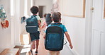Education, back and running with kids at school for recess, growth and learning. Friends, knowledge and child development with group of students in hallway of academy for scholarship and classroom