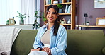 Happy, woman and relax with face at house for weekend break, calm morning and peace in living room. Smile, female person and thinking with rest for wellness, self care and ideas for comfort in lounge