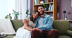 Love, happy couple hug and face in home for support, trust or bonding together with partner to relax. Romance, woman and man embrace on sofa for marriage, connection or commitment for relationship