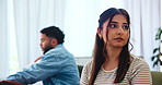 Couple, woman and frustrated in home after fight, disagreement and toxic relationship in lounge. Sofa, man and female partner with anger for argument, cheating affair and silent treatment for divorce